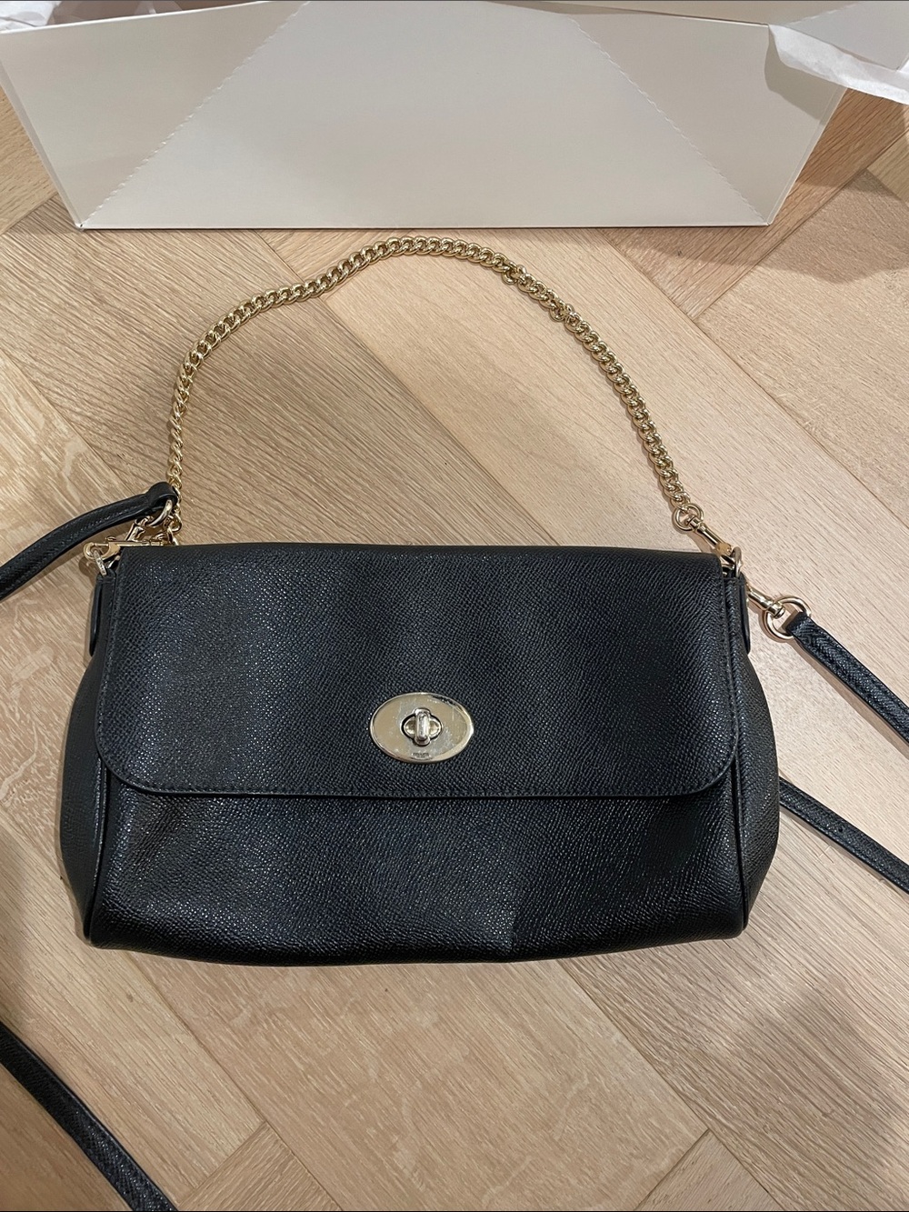 Coach Black Leather Crossbody with Turnlock and Chain Accent - Picture 1 of 13